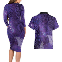Aotearoa Taniko Matariki Couples Matching Long Sleeve Bodycon Dress and Hawaiian Shirt Cosmic Violet LT7 - Polynesian Pride