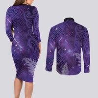 Aotearoa Taniko Matariki Couples Matching Long Sleeve Bodycon Dress and Long Sleeve Button Shirt Cosmic Violet