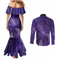 Aotearoa Taniko Matariki Couples Matching Mermaid Dress and Long Sleeve Button Shirt Cosmic Violet