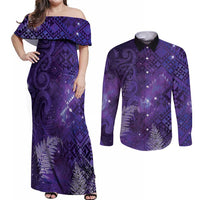 Aotearoa Taniko Matariki Couples Matching Off Shoulder Maxi Dress and Long Sleeve Button Shirt Cosmic Violet