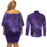 Aotearoa Taniko Matariki Couples Matching Off Shoulder Short Dress and Long Sleeve Button Shirt Cosmic Violet