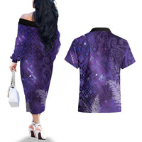 Aotearoa Taniko Matariki Couples Matching Off The Shoulder Long Sleeve Dress and Hawaiian Shirt Cosmic Violet