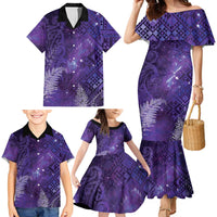 Aotearoa Taniko Matariki Family Matching Mermaid Dress and Hawaiian Shirt Cosmic Violet