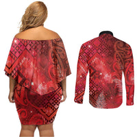 Aotearoa Taniko Matariki Couples Matching Off Shoulder Short Dress and Long Sleeve Button Shirt Cosmic Red