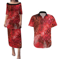Aotearoa Taniko Matariki Couples Matching Puletasi and Hawaiian Shirt Cosmic Red