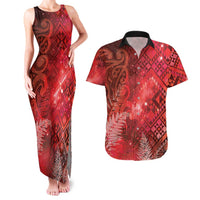 Aotearoa Taniko Matariki Couples Matching Tank Maxi Dress and Hawaiian Shirt Cosmic Red