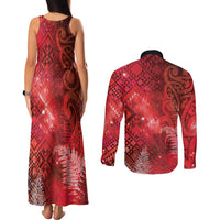 Aotearoa Taniko Matariki Couples Matching Tank Maxi Dress and Long Sleeve Button Shirt Cosmic Red