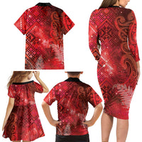Aotearoa Taniko Matariki Family Matching Long Sleeve Bodycon Dress and Hawaiian Shirt Cosmic Red