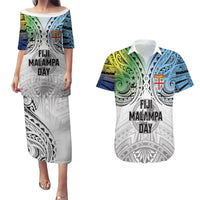 Malampa Fiji Day Couples Matching Puletasi and Hawaiian Shirt Gradient Style LT7 White - Polynesian Pride