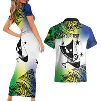 Malampa Day Couples Matching Short Sleeve Bodycon Dress and Hawaiian Shirt Emblem Gradient Style