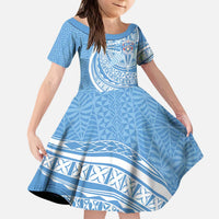 Tonga Apifo'ou Kolisi Personalized Kid Short Sleeve Dress Ngatu Tokelaufeletoa Motifs LT7 KID Light Blue - Polynesian Pride