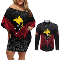 Personalised PNG Couples Matching Off Shoulder Short Dress and Long Sleeve Button Shirts Papua Motuan Mirror Style LT7 Black - Polynesian Pride