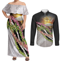 Hawaii Mokihana Mix Pikake Leis Mahalo 'Olelo Couples Matching Off Shoulder Maxi Dress and Long Sleeve Button Shirt Black LT7 Black - Polynesian Pride