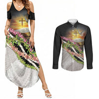 Hawaii Mokihana Mix Pikake Leis Mahalo 'Olelo Couples Matching Summer Maxi Dress and Long Sleeve Button Shirt Black LT7 Black - Polynesian Pride