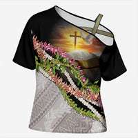 Hawaii Mokihana Mix Pikake Leis Mahalo 'Olelo Cross Shoulder Shirt Black LT7 Female Black - Polynesian Pride