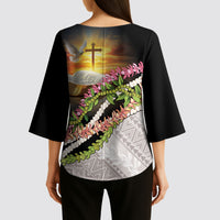 Hawaii Mokihana Mix Pikake Leis Mahalo 'Olelo Kimono Sleeve Blouse Black LT7 - Polynesian Pride