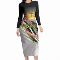 Hawaii Mokihana Mix Pikake Leis Mahalo 'Olelo Long Sleeve Bodycon Dress Black LT7 Long Dress Black - Polynesian Pride
