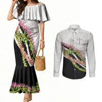 Hawaii Mokihana Mix Pikake Leis Mahalo 'Olelo Couples Matching Mermaid Dress and Long Sleeve Button Shirt White Tapa LT7 White - Polynesian Pride
