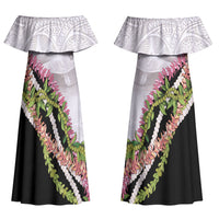 Hawaii Mokihana Mix Pikake Leis Mahalo 'Olelo Couples Matching Off Shoulder Maxi Dress and Long Sleeve Button Shirt White Tapa LT7 - Polynesian Pride
