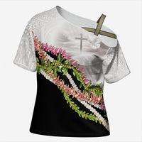 Hawaii Mokihana Mix Pikake Leis Mahalo 'Olelo Cross Shoulder Shirt White Tapa LT7 Female White - Polynesian Pride