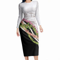 Hawaii Mokihana Mix Pikake Leis Mahalo 'Olelo Long Sleeve Bodycon Dress White Tapa LT7 Long Dress White - Polynesian Pride
