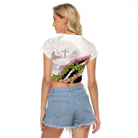 Hawaii Mokihana Mix Pikake Leis Mahalo 'Olelo Raglan Cropped T Shirt White Tapa LT7 - Polynesian Pride