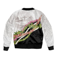 Hawaii Mokihana Mix Pikake Leis Mahalo 'Olelo Sleeve Zip Bomber Jacket White Tapa LT7 - Polynesian Pride