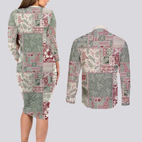 Aloha Hawaii Pastel Christmas Patchwork Couples Matching Long Sleeve Bodycon Dress and Long Sleeve Button Shirt Classic Style - Polynesian Pride