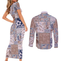 Aloha Hawaii Pastel Christmas Patchwork Couples Matching Short Sleeve Bodycon Dress and Long Sleeve Button Shirt Rustic Style - Polynesian Pride