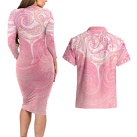 Breast Cancer Awareness Maori Aotearoa Couples Matching Long Sleeve Bodycon Dress and Hawaiian Shirt Manta Ray - Pink Glaze - Polynesian Pride