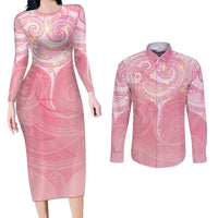 Breast Cancer Awareness Maori Aotearoa Couples Matching Long Sleeve Bodycon Dress and Long Sleeve Button Shirt Manta Ray - Pink Glaze - Polynesian Pride