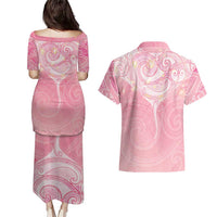 Breast Cancer Awareness Maori Aotearoa Couples Matching Puletasi and Hawaiian Shirt Manta Ray - Pink Glaze - Polynesian Pride