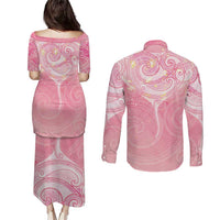 Breast Cancer Awareness Maori Aotearoa Couples Matching Puletasi and Long Sleeve Button Shirt Manta Ray - Pink Glaze - Polynesian Pride