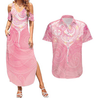 Breast Cancer Awareness Maori Aotearoa Couples Matching Summer Maxi Dress and Hawaiian Shirt Manta Ray - Pink Glaze - Polynesian Pride
