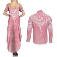 Breast Cancer Awareness Maori Aotearoa Couples Matching Summer Maxi Dress and Long Sleeve Button Shirt Manta Ray - Pink Glaze - Polynesian Pride