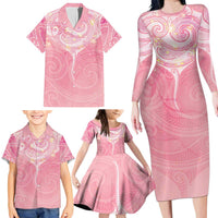 Breast Cancer Awareness Maori Aotearoa Family Matching Long Sleeve Bodycon Dress and Hawaiian Shirt Manta Ray - Pink Glaze - Polynesian Pride