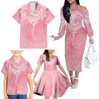 Breast Cancer Awareness Maori Aotearoa Family Matching Off The Shoulder Long Sleeve Dress and Hawaiian Shirt Manta Ray - Pink Glaze - Polynesian Pride