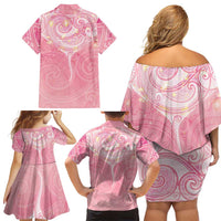 Breast Cancer Awareness Maori Aotearoa Family Matching Off Shoulder Short Dress and Hawaiian Shirt Manta Ray - Pink Glaze - Polynesian Pride