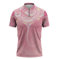 Breast Cancer Awareness Maori Aotearoa Zipper Polo Shirt Manta Ray - Pink Glaze - Polynesian Pride
