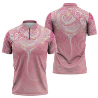 Breast Cancer Awareness Maori Aotearoa Zipper Polo Shirt Manta Ray - Pink Glaze - Polynesian Pride