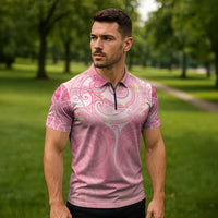 Breast Cancer Awareness Maori Aotearoa Zipper Polo Shirt Manta Ray - Pink Glaze - Polynesian Pride