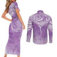 Epilepsy Awareness Maori Aotearoa Couples Matching Short Sleeve Bodycon Dress and Long Sleeve Button Shirt Manta Ray - Purple Glaze - Polynesian Pride
