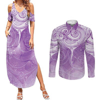 Epilepsy Awareness Maori Aotearoa Couples Matching Summer Maxi Dress and Long Sleeve Button Shirt Manta Ray - Purple Glaze - Polynesian Pride