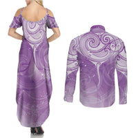 Epilepsy Awareness Maori Aotearoa Couples Matching Summer Maxi Dress and Long Sleeve Button Shirt Manta Ray - Purple Glaze - Polynesian Pride