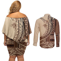 Samoa Siapo Mamanu Couples Matching Off Shoulder Short Dress and Long Sleeve Button Shirt Plumeria Mocha Motifs