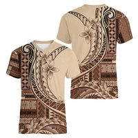 Samoa Siapo Mamanu Women V-Neck T-Shirt Plumeria Mocha Motifs