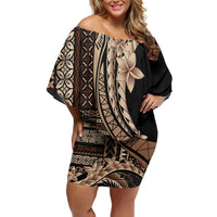 Samoa Siapo Mamanu Family Matching Off Shoulder Short Dress and Hawaiian Shirt Plumeria Black Motifs