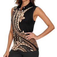 Samoa Siapo Mamanu Women Sleeveless Polo Shirt Plumeria Black Motifs LT7 - Polynesian Pride