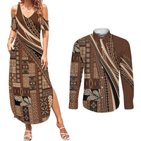 Pasifika Women's Day - Samoa Siapo Malu Tattoo Inspired Couples Matching Summer Maxi Dress and Long Sleeve Button Shirt Brown