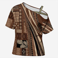 Pasifika Women's Day - Samoa Siapo Malu Tattoo Inspired Cross Shoulder Shirt Brown LT7 Female Brown - Polynesian Pride